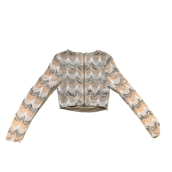 Crystal Doll Sequin Crop Top Womens Small Nude Sheer Long Sleeve Party Club Wear - Picture 6 of 6